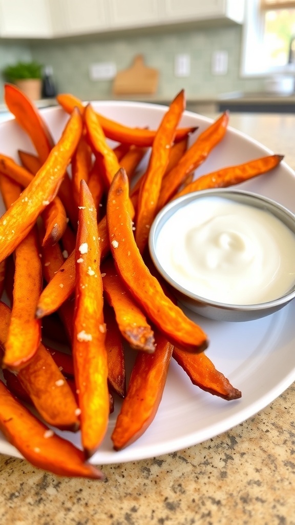 Crispy air fryer sweet potato fries served with yogurt dip on a bright kitchen table.